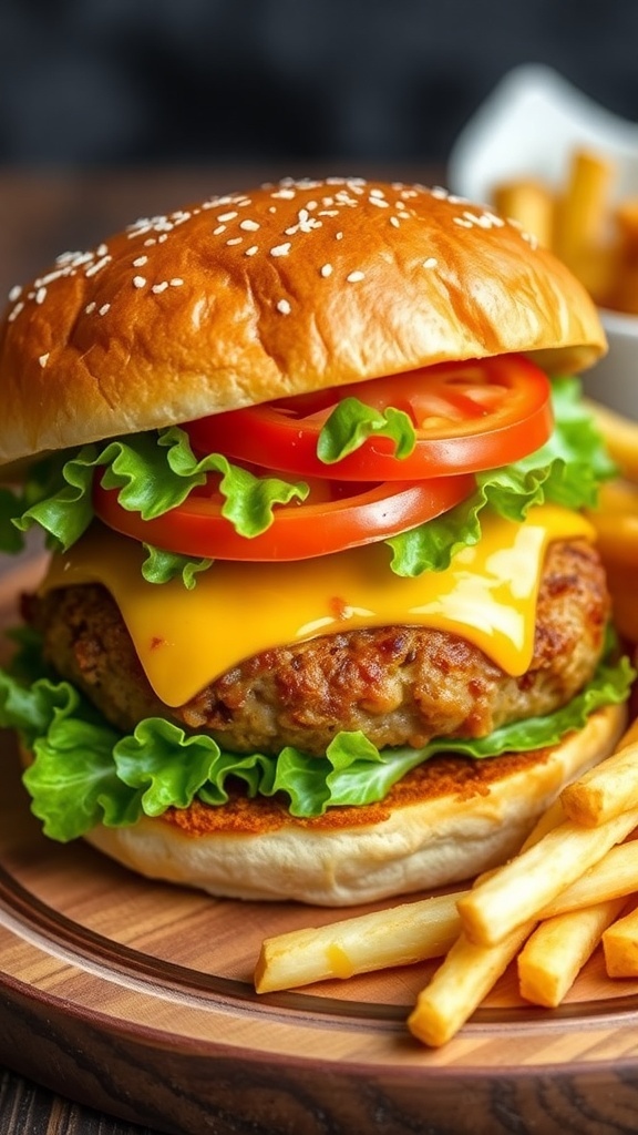 Air Fryer Frozen Hamburger Patties Recipe Air-fried hamburger patty on a bun with lettuce, tomato, and cheese, served with fries.